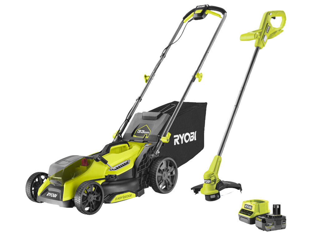 Na obrazie widoczna jest kosiarka akumulatorowa i podkaszarka w kolorze zielonym z czarnymi elementami. Na kosiarce widnieje napis \'RYOBI\' oraz \'33cm\'.