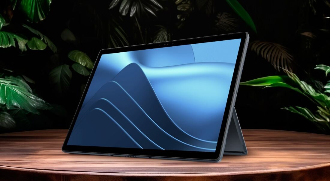 Tablet DELL Latitude 7350 na okrągłym drewnianym stole na tle bujnych tropikalnych liści palm i monstery, abstrakcyjne grafitowo-niebieskie tło na ekranie, produkt wykonany z materiałów pochodzących z recyklingu zgodnie z ekologicznymi standardami EPEAT, rozwiązanie dla świadomych ekologicznie profesjonalistów - Ekologiczna konstrukcja 