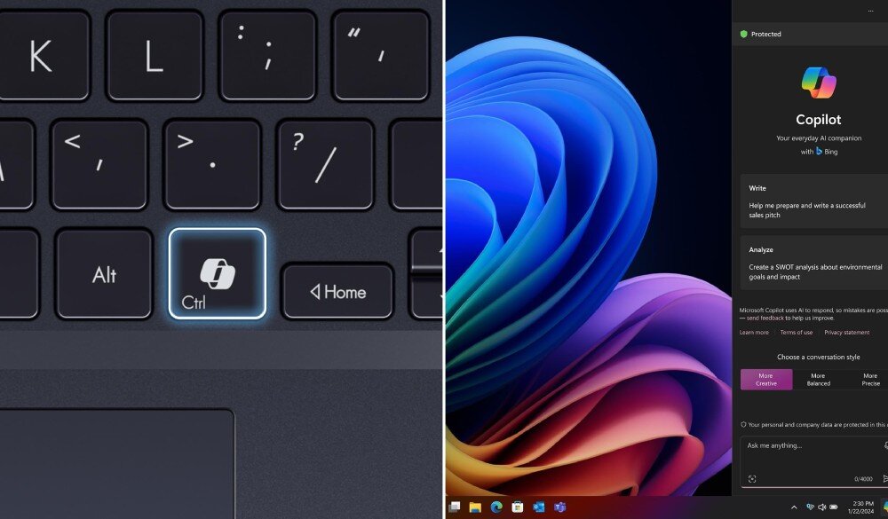 Laptop ASUS ExpertBook B5404CMA-Q50339X Zbliżenie na klawiaturę laptopa, gdzie jeden z klawiszy jest podświetlony i przedstawia ikonę asystenta AI. Po prawej stronie ekran pokazuje otwarte okno systemu Windows z aktywnym panelem Copilot, sztuczna inteligencja, funkcje, układ NPU
