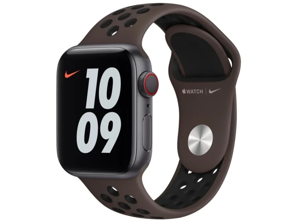 Pasek APPLE Nike Sport Brand do Apple Watch (38/40/41mm) Ciemnobrązowy, Sportowy styl i wygoda, Zegarek pokazany od frontu prawo skos, zapięty
