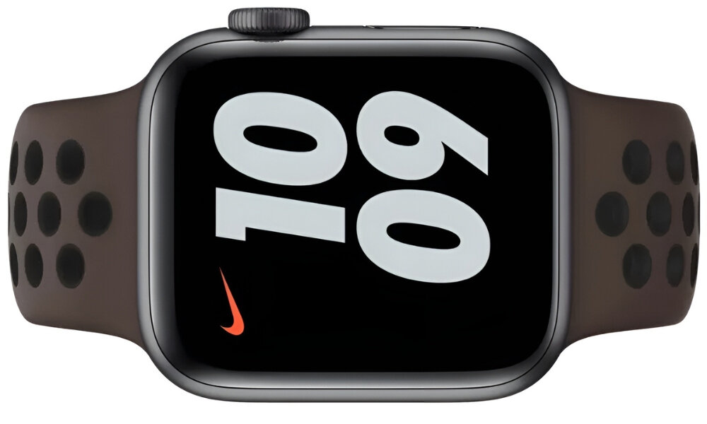Pasek APPLE Nike Sport Brand do Apple Watch (38/40/41mm) Ciemnobrązowy, Stworzony do ruchu, Zegarek w poziomie pokazany od frontu na wprost
