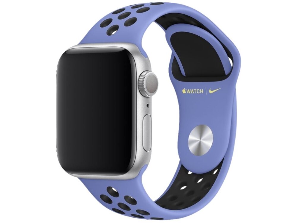 Pasek APPLE Nike Sport Brand do Apple Watch (38/40/41mm) Fioletowo-czarny, Sportowy styl i wygoda, Zegarek pokazany od frontu prawo skos, zapięty
