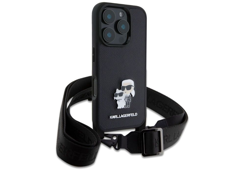 Etui KARL LAGERFELD Saffiano Karl&Choupette Metal Pin CBDY Strap do Apple iPhone 16 Pro Czarny
            wysokiej jakości skóra metalowe przypinki z motywem Karla i Choupette precyzyjnie wykończone krawędzie