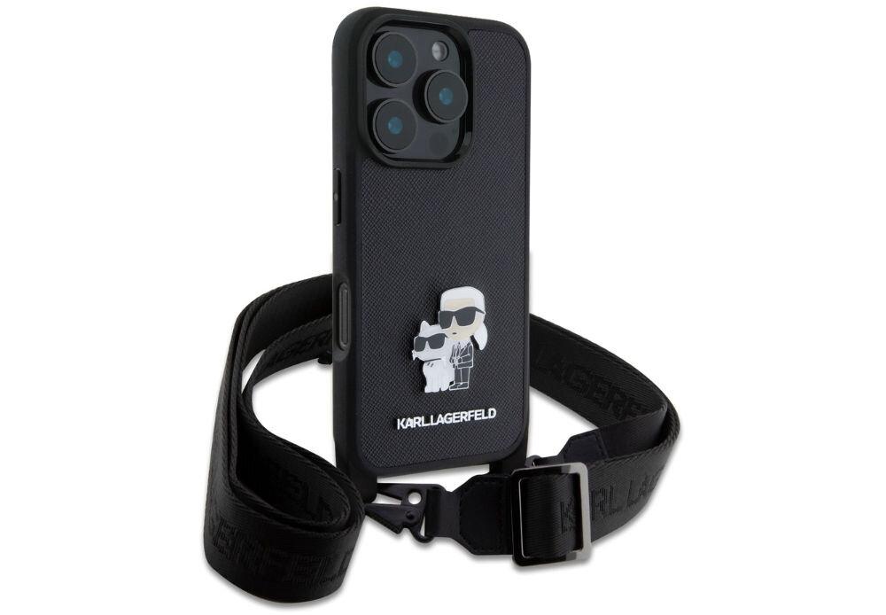 Etui KARL LAGERFELD Saffiano Karl&Choupette Metal Pin CBDY Strap do Apple iPhone 16 Pro Max Czarny
            wysokiej jakości skóra metalowe przypinki z motywem Karla i Choupette precyzyjnie wykończone krawędzie