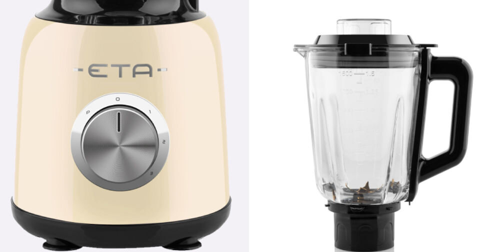 Blender kielichowy ETA Storio 901190010 Beżowy beżowa obudowa zbliżenie na srebrne pokrętło obok stoi dzbanek czarne elementy czarna rączka pokrywka miarka białe tło silnik o mocy 1200 W z miedzianym uzwojeniem (Cu wire) wydajność długa żywotność prędkość obrotowa 26 000 obrotów na minutę ostrze z sześcioma tytanowymi ramionami trzy prędkości funkcja PULSE intensywne miksowanie do końcowego rozdrabniania lub szybkiego rozkruszania lodu 