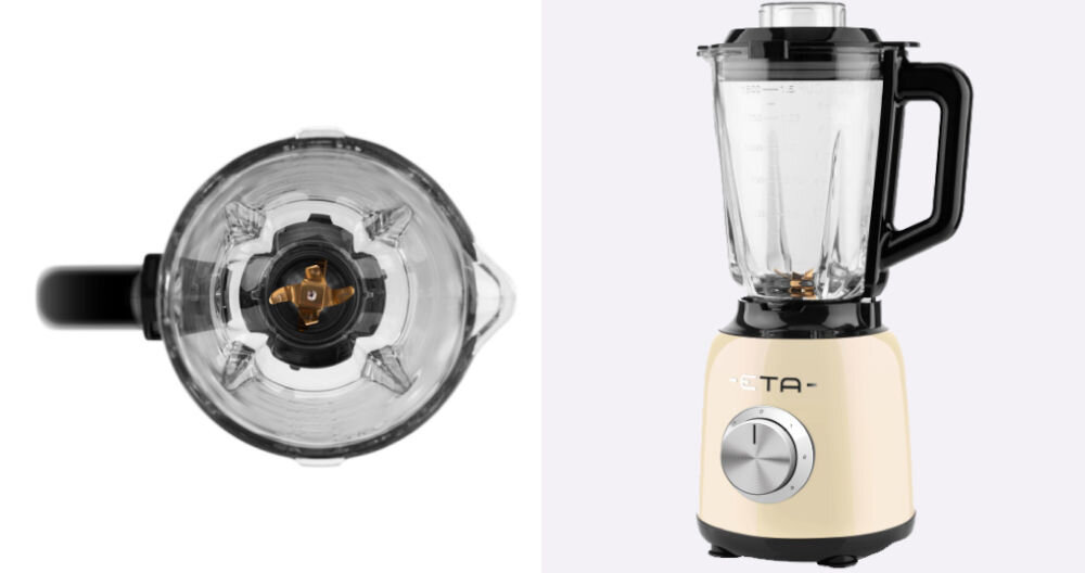 Blender kielichowy ETA Storio 901190010 Beżowy zdjęcie od góry widoczne ostrze w dzbanku czarna rączka białe tło obok stoi blender beżowa obudowa pokrywka dzbanek czarne elementy pokrętło maksymalna wygoda użytkowania bezpiecznik unieruchomienie urządzenia bez pokrywki pokrywka wbudowana miarka 50 ml precyzyjne odmierzanie składników antypoślizgowe nóżki stabilność urządzenia wygoda użytkowania 