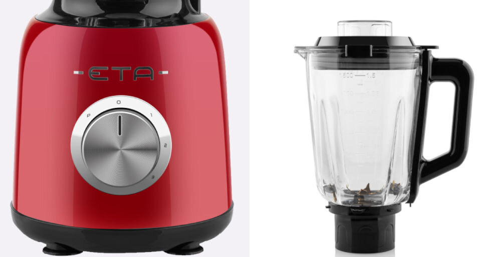 Blender kielichowy ETA Storio 901190020 Czerwony czerwona obudowa zbliżenie na srebrne pokrętło obok stoi dzbanek czarne elementy czarna rączka pokrywka miarka białe tło silnik o mocy 1200 W z miedzianym uzwojeniem (Cu wire) wydajność długa żywotność prędkość obrotowa 26 000 obrotów na minutę ostrze z sześcioma tytanowymi ramionami trzy prędkości funkcja PULSE intensywne miksowanie do końcowego rozdrabniania lub szybkiego rozkruszania lodu 