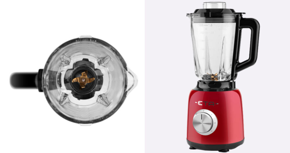 Blender kielichowy ETA Storio 901190020 Czerwony zdjęcie od góry widoczne ostrze w dzbanku czarna rączka białe tło obok stoi blender czerwona obudowa pokrywka dzbanek czarne elementy pokrętło maksymalna wygoda użytkowania bezpiecznik unieruchomienie urządzenia bez pokrywki pokrywka wbudowana miarka 50 ml precyzyjne odmierzanie składników antypoślizgowe nóżki stabilność urządzenia wygoda użytkowania 