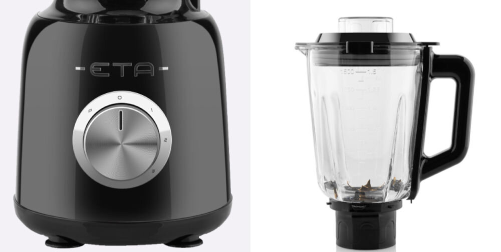Blender kielichowy ETA Storio 901190030 Czarny czarna obudowa zbliżenie na srebrne pokrętło obok stoi dzbanek czarne elementy czarna rączka pokrywka miarka białe tło silnik o mocy 1200 W z miedzianym uzwojeniem (Cu wire) wydajność długa żywotność prędkość obrotowa 26 000 obrotów na minutę ostrze z sześcioma tytanowymi ramionami trzy prędkości funkcja PULSE intensywne miksowanie do końcowego rozdrabniania lub szybkiego rozkruszania lodu 