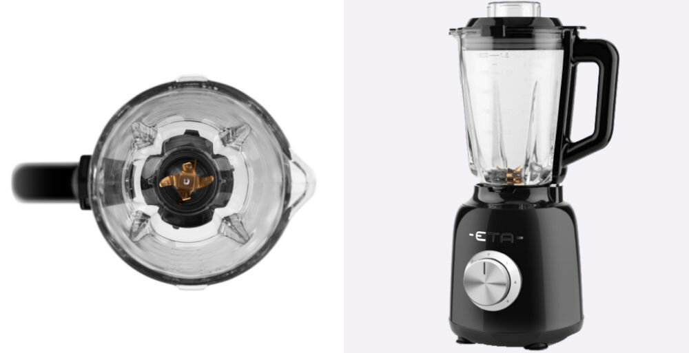 Blender kielichowy ETA Storio 901190030 Czarny zdjęcie od góry widoczne ostrze w dzbanku czarna rączka białe tło obok stoi blender czarna obudowa pokrywka dzbanek czarne elementy pokrętło maksymalna wygoda użytkowania bezpiecznik unieruchomienie urządzenia bez pokrywki pokrywka wbudowana miarka 50 ml precyzyjne odmierzanie składników antypoślizgowe nóżki stabilność urządzenia wygoda użytkowania 
