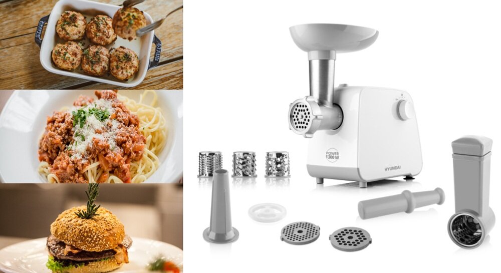 Maszynka do mięsa HYUNDAI MG740 3 sitka różnej wielkości, nasadka do kiełbas, podajnik, popychacze