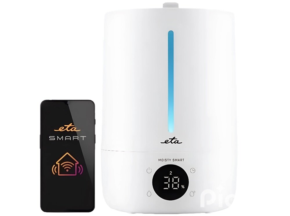 Nawilżacz powietrza ETA Moisty Smart urządzenie w użyciu ze smartfonem, łączenie z sieciami Wi-Fi, niski pobór mocy, ekonomiczny