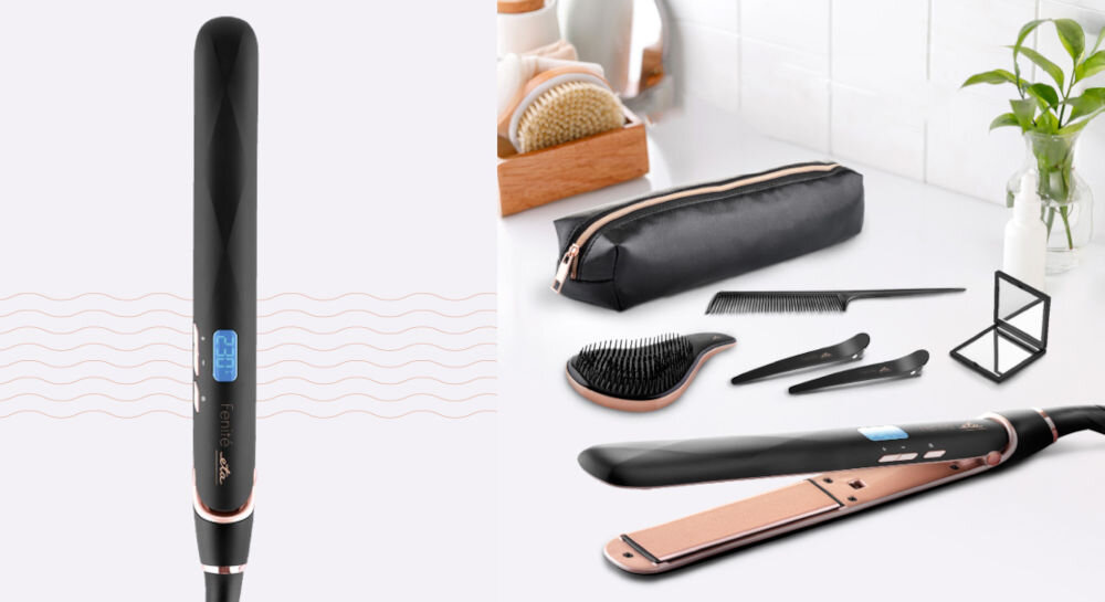 Prostownica ETA Fenite 933690010 230 stopni czarna prostownica wyświetlacz przyciski prostownica lezy na blacie obok akcesoria etui szczotka grzebień klipsy lusterko gładkie włosy 