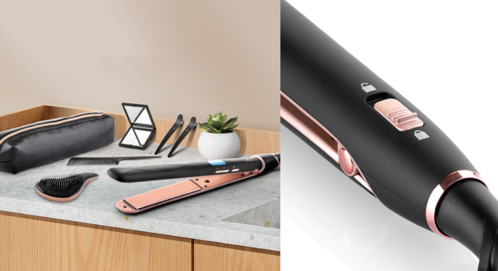 Prostownica ETA Fenite 933690010 230 stopni czarna prostownica leży na blacie otwarte płytki przyciski wyświetlacz obok lezy szczotka grzebień etui zbliżenie na suwak blokady na obudowie elegancki zestaw prezentowy wygląd funkcjonalność z ceramicznymi płytkami o wymiarach 25 x 110 mm równomierne rozprowadzanie ciepła ruchome płytki optymalne wygładzenie szybko skutecznie bez ryzyka przegrzania 