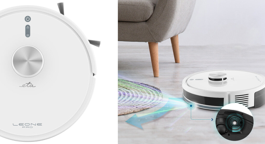Robot sprzątający ETA Leone Pro 624490000 technologia Laser+ 6.0 skanowanie przestrzeń 360° zapamiętuje sprzątane miejsca unika przeszkód aplikacja ETA SMART strefy harmonogram praca