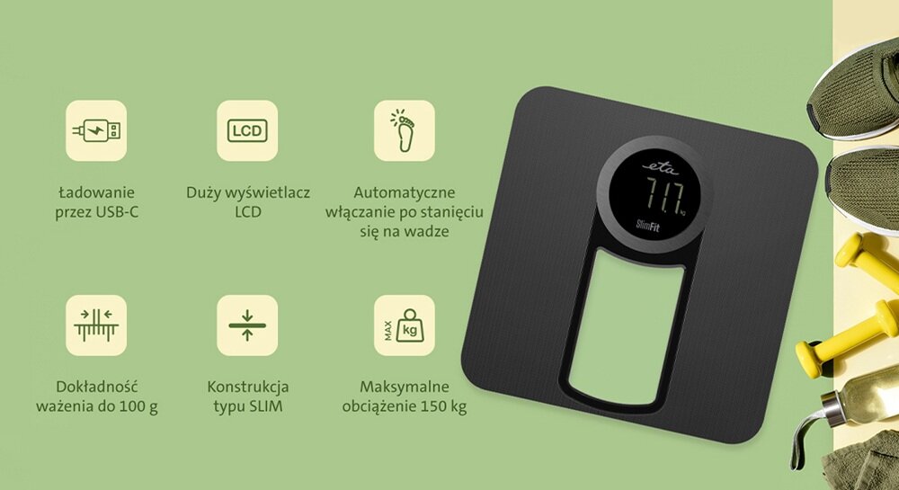 Waga łazienkowa ETA SlimFit 978190000 dokładne ważenie, trzy jednostki pomiaru, dopasowanie ważenia do preferencji, do 150 kg