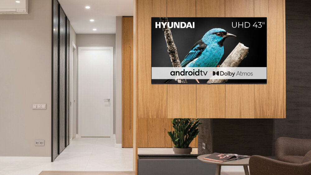 Telewizor HYUNDAI ULX43359GSMART - Centrum Twojej rozrywki, telewizor zawieszony na ścianie w salonie