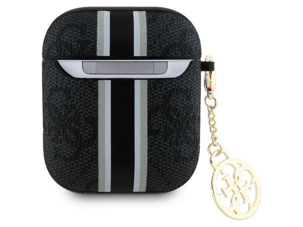Etui na słuchawki Guess 4G Printed Stripes Charm
            tył etui z karabińczykiem na białym tle
            wstrząs bezpieczeństwo trwałość materiał