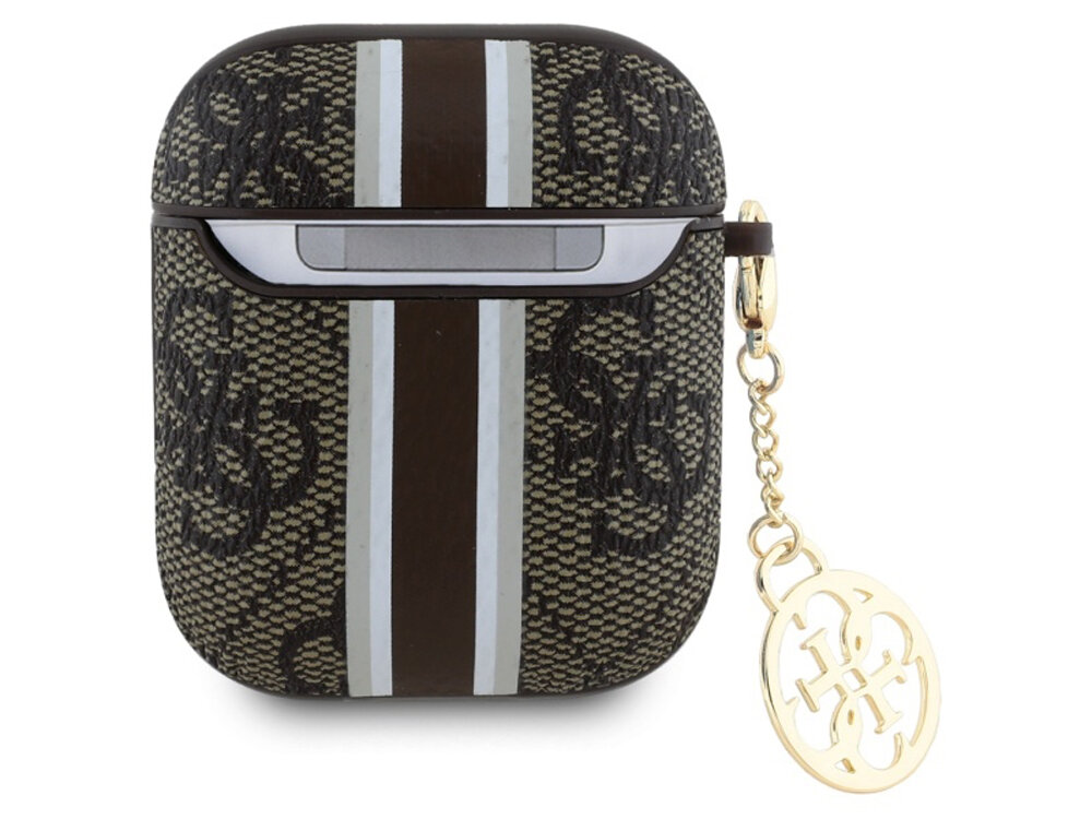 Etui na słuchawki Guess 4G Printed Stripes Charm
            tył etui z karabińczykiem na białym tle
            wstrząs bezpieczeństwo trwałość materiał