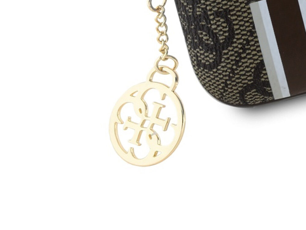 Etui na słuchawki Guess 4G Printed Stripes Charm
            zbliżenie na karabińczyk
            logo marka guess wzór spójność karabińczyk