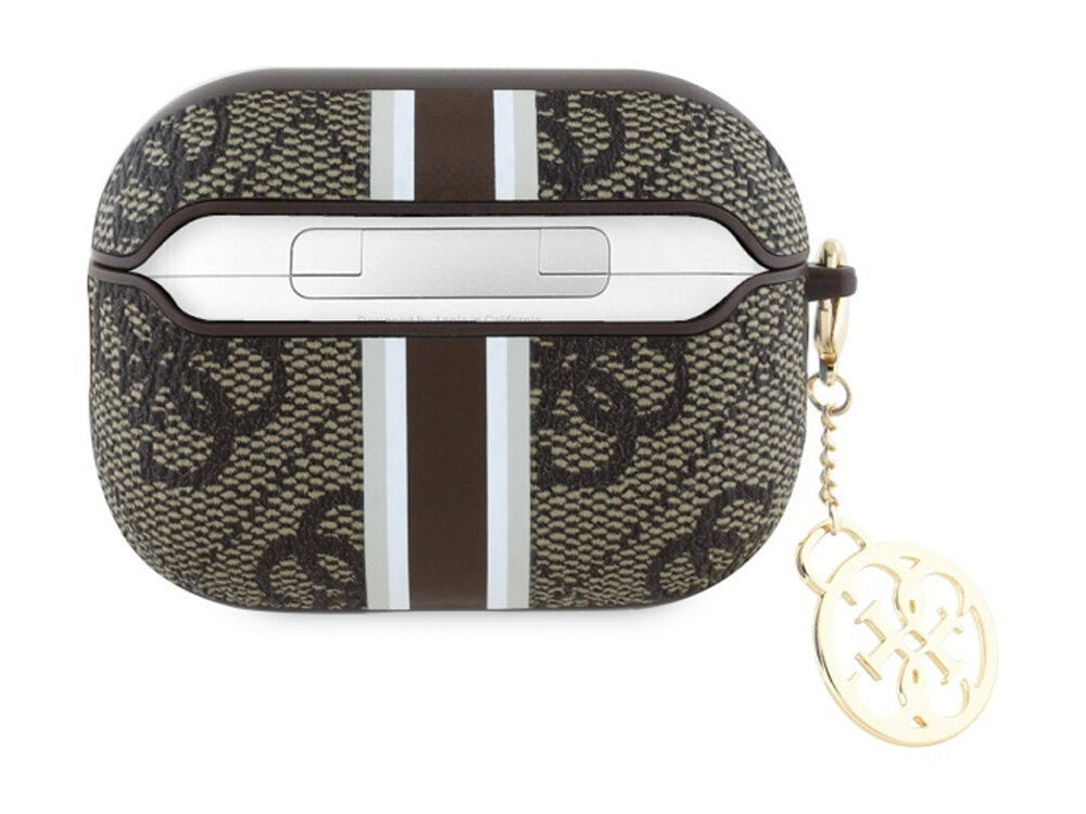 Etui na słuchawki Guess 4G Printed Stripes Charm
            tył etui z karabińczykiem na białym tle
            wstrząs bezpieczeństwo trwałość materiał