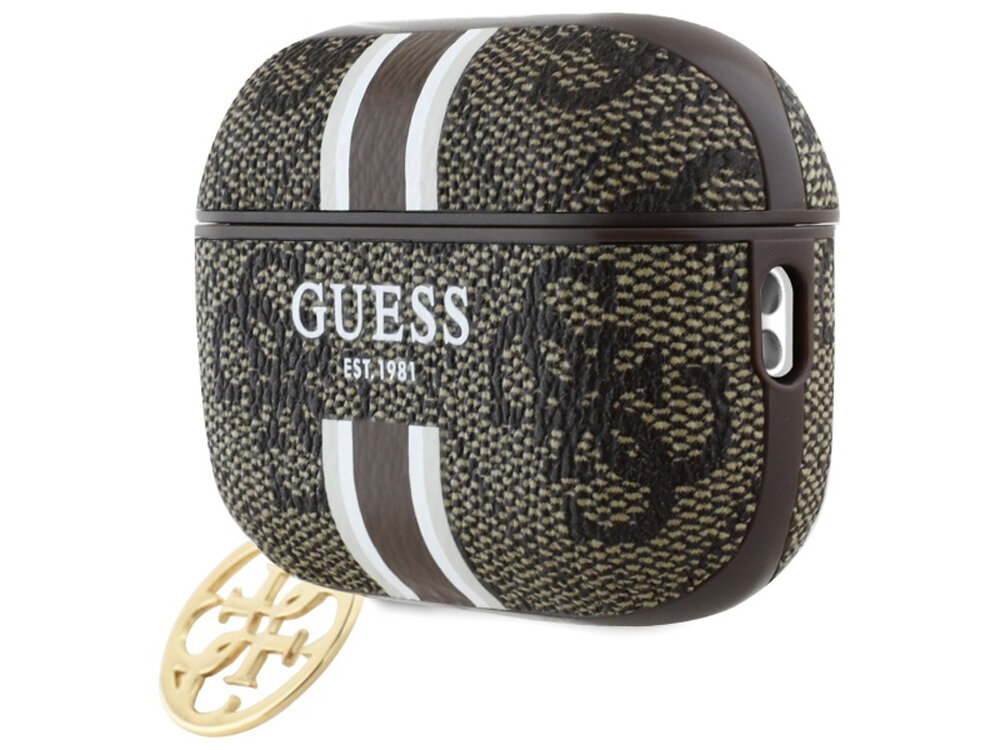 Etui na słuchawki Guess 4G Printed Stripes Charm
            zbliżenie na karabińczyk
            logo marka guess wzór spójność karabińczyk