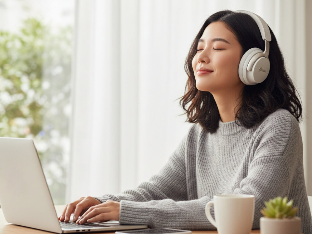 Słuchawki nauszne GUESS GUBHC22PSFCSME
 – eleganckie nauszne słuchawki z metalicznym logo, osoba z założonymi słuchawkami nausznymi pracująca przy laptopie