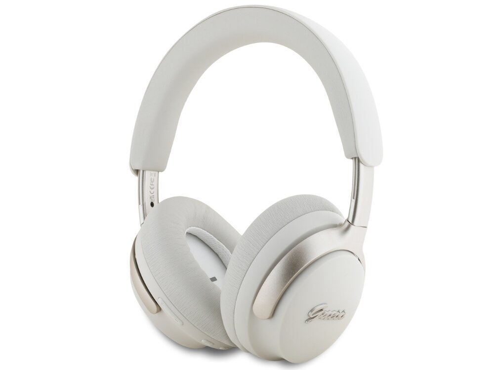 Słuchawki nauszne GUESS GUBHC22PSFCSME
 – IPX4, 30h pracy, ładowanie USB-C i kabel audio 3.5mm, słuchawki po skosie na białym tle
