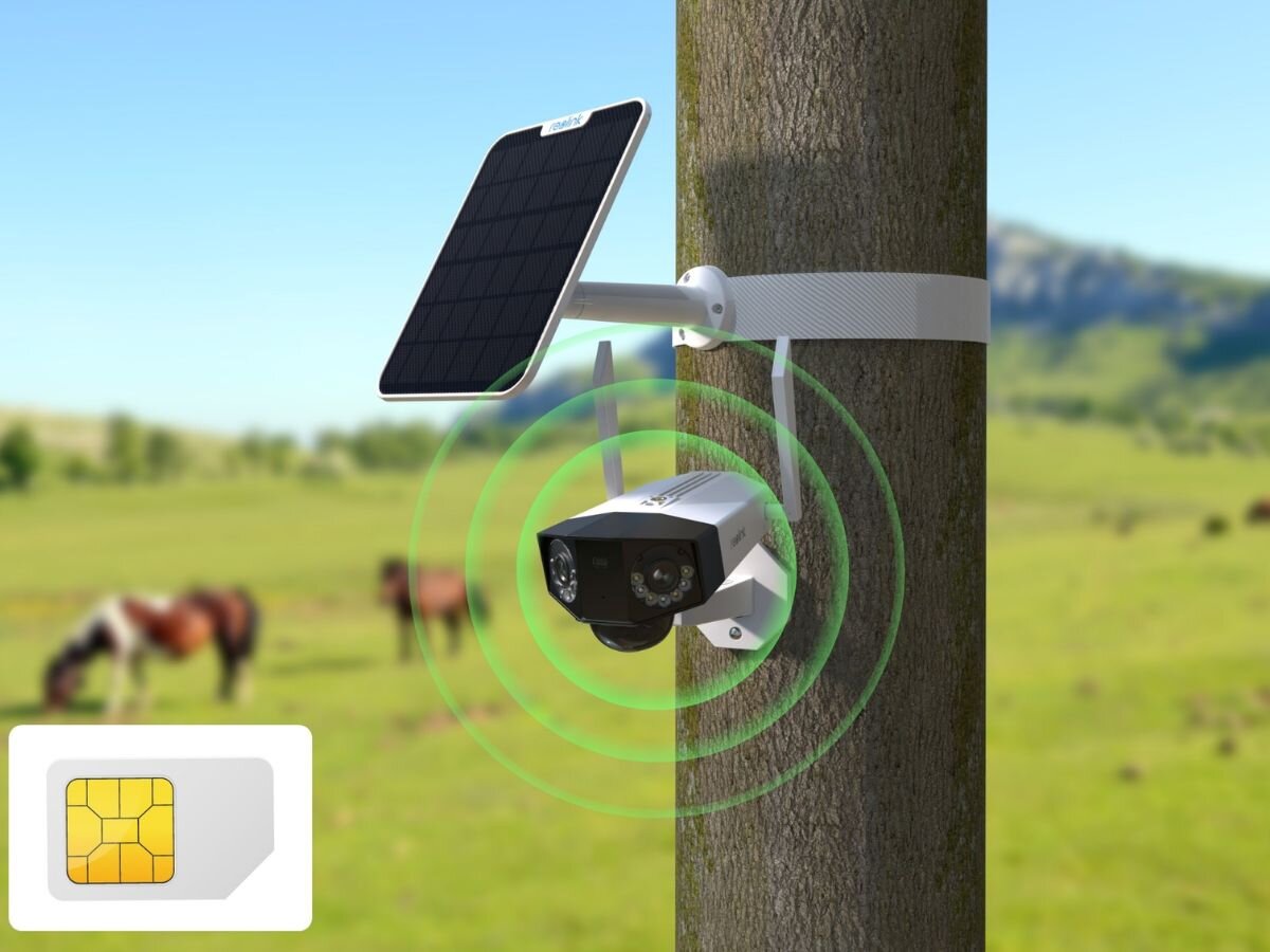 Kamera REOLINK Duo Series G750 Zewnętrzna, LTE, obsługa, LTE, online, monitoring, lokalizacje, w tle padok i konie, kamera zamontowana do słupa z wizualizacją połączenia