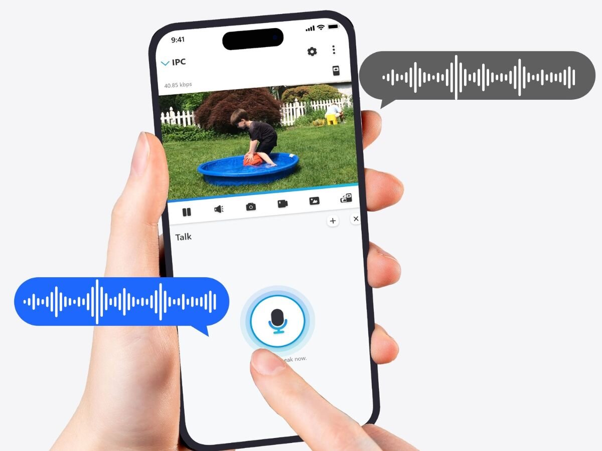 Kamera REOLINK Duo Series G750 Zewnętrzna, LTE, miejsce, zdalne, Dwukierunkowa, rozmowa, na białym tle smartfon z aplikacją i rozmową zdalną