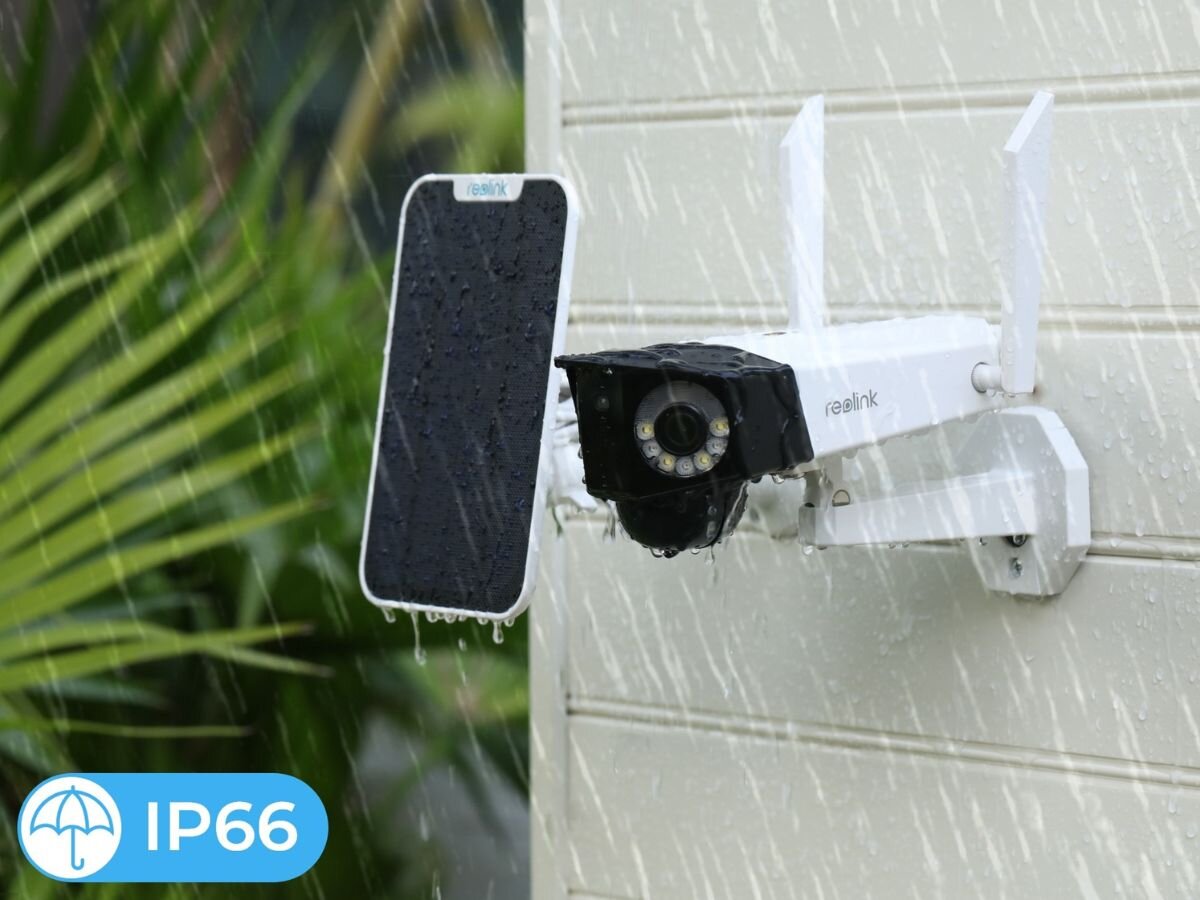Kamera REOLINK Duo Series G750 Zewnętrzna, LTE, IP66, certyfikat, konstrukcja, warunki, kamera na ścianie wraz z panelem podczas opadów deszczu