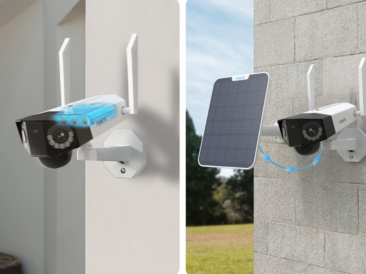 Kamera REOLINK Duo Series G750 Zewnętrzna, LTE, żywotność, bezprzewodowe, miejsce, instalacja, 2 zdjęcia w 1 pokazujące 2 źrodła zasilania kamery
