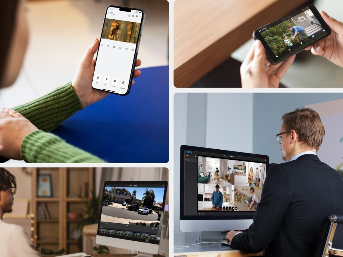 Kamera REOLINK Duo Series P730 Zewnętrzna, LAN, monitorowanie, internet, sytuacja, aplikacja, 4 zdjęcia w 1 pokazujące kamerę w różnym środowisku i podgląd obrazu z kamer