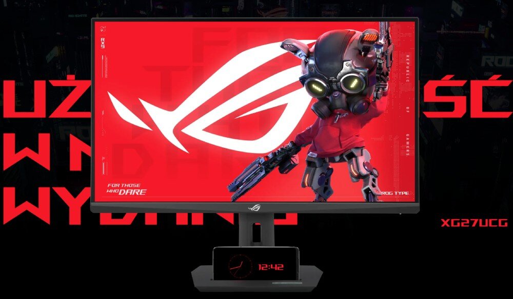 Monitor ASUS ROG Strix XG27UCG Monitor gamingowy wyświetlający czerwony ekran z logo ROG i postacią robota w czerwonej bluzie, trzymającego broń futurystyczną. W tle duży napis 'FOR THOSE WHO DARE', opis