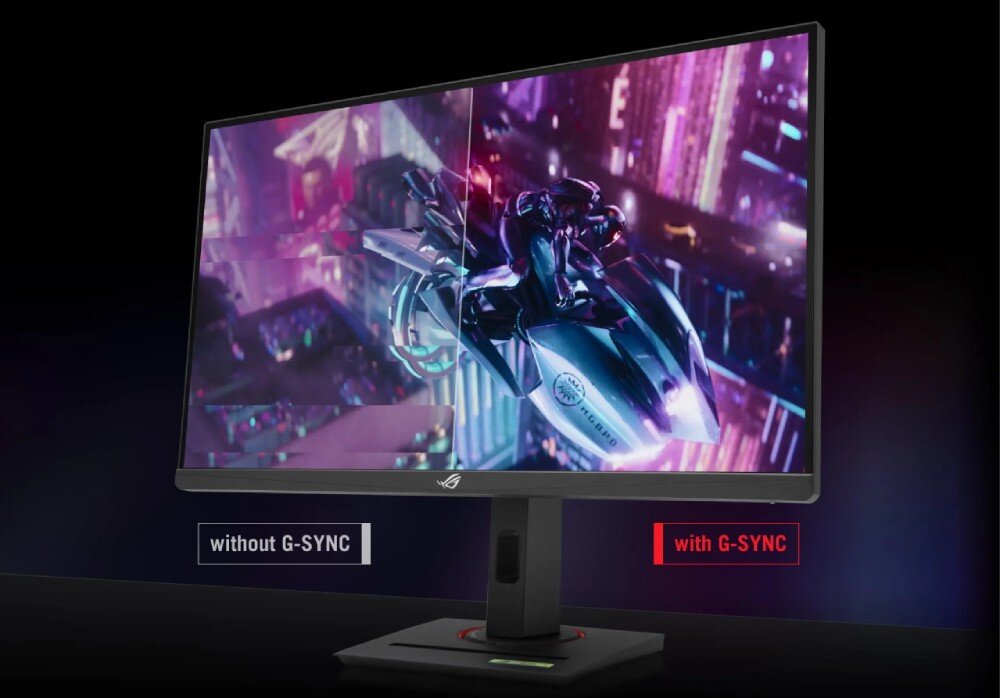 Monitor ASUS ROG Strix XG27UCG Monitor podzielony na dwie części. Po lewej stronie obraz z efektem rozrywania klatek bez G-SYNC, po prawej stronie płynny obraz z G-SYNC, synchronizacja obrazu, FreeSync, Adaptive-Sync, G-SYNC
