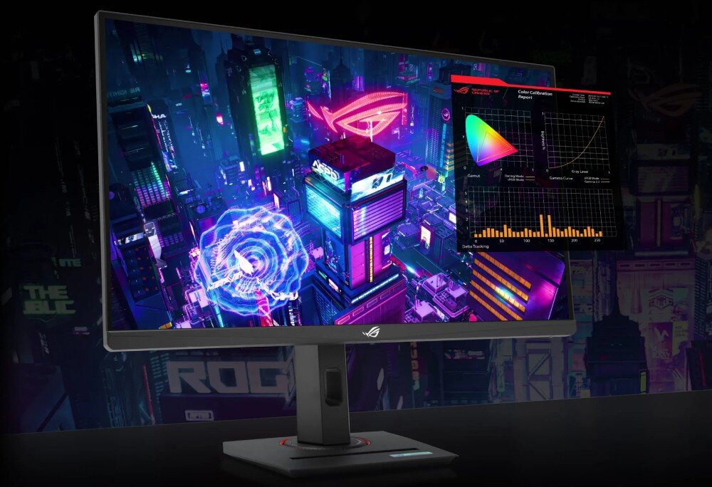 Monitor ASUS ROG Strix XG27UCG Monitor wyświetlający kolorową panoramę futurystycznego miasta. W prawym górnym rogu ekran z wynikami kalibracji kolorów, kolory, odwzorowanie barw, HDR