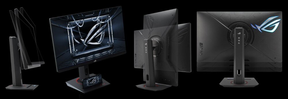 Monitor ASUS ROG Strix XG27UCG Monitor pokazany z różnych perspektyw, prezentujący możliwości regulacji nachylenia, obrotu i wysokości oraz tylną część z podświetlonym logo ROG, postawa, regulacja, montaż VESA