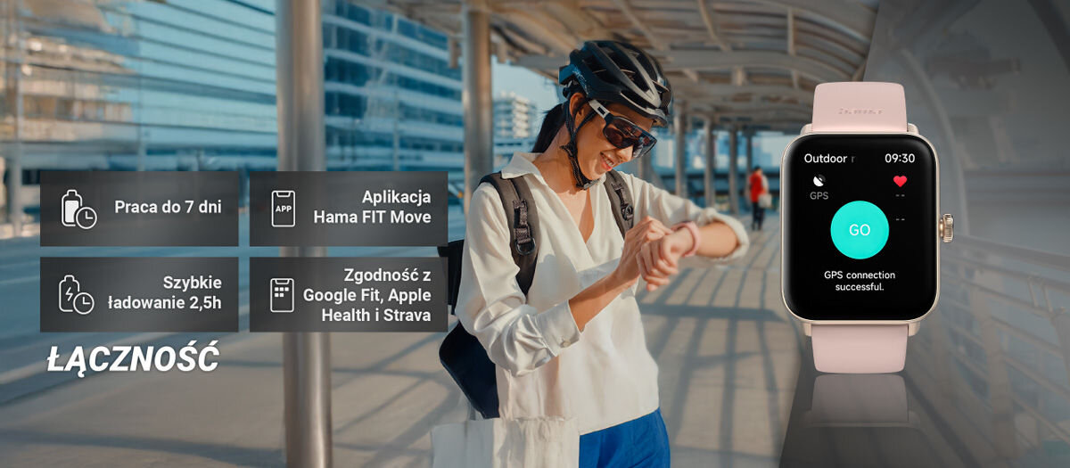 Smartwatch HAMA 6010 GPS Łączność praca do 7 dni aplikacja hama fit move szybkie ładowanie 2,5h zgodność z google fit apple health i strava