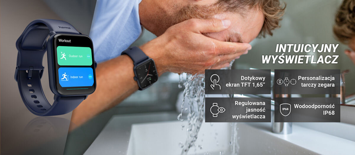 Smartwatch HAMA 6010 GPS Intuicyjny wyświetlacz dotykowy ekran tft 1,65 personalizacja tarczy zegarka regulowana jasność wyświetlacza wodoodporność ip68