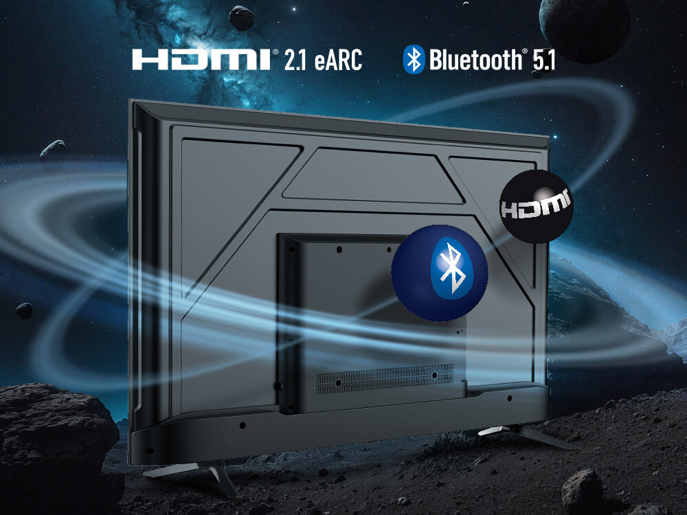 Telewizor BLAUPUNKT 55UGC5500S HDMI 2.1 eARC Bluetooth 5.1 szybka łączność audio, tył telewizora pod skosem w kosmosie