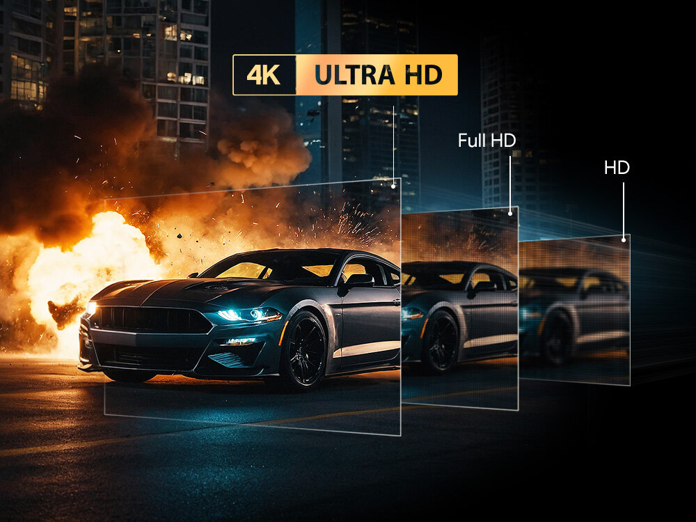 Telewizor BLAUPUNKT 43UGC5500S 4K UHD wysoka rozdzielczość obraz, trzy ekrany z różnymi technologiami obrazu, samochód wyjeżdząjący z ramki telewizora