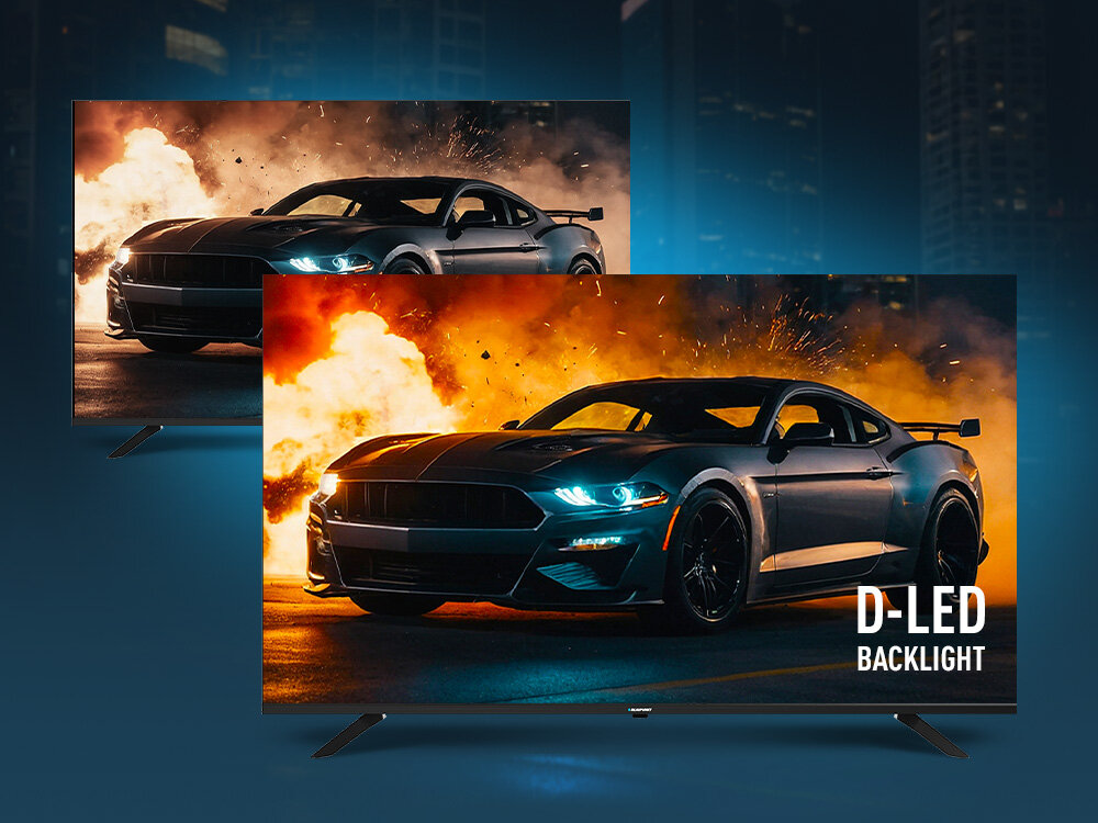 Telewizor BLAUPUNKT 40FGC5500S z technologią D-LED do poprawy kontrastu, telewizor od frontu na niebieskim tle