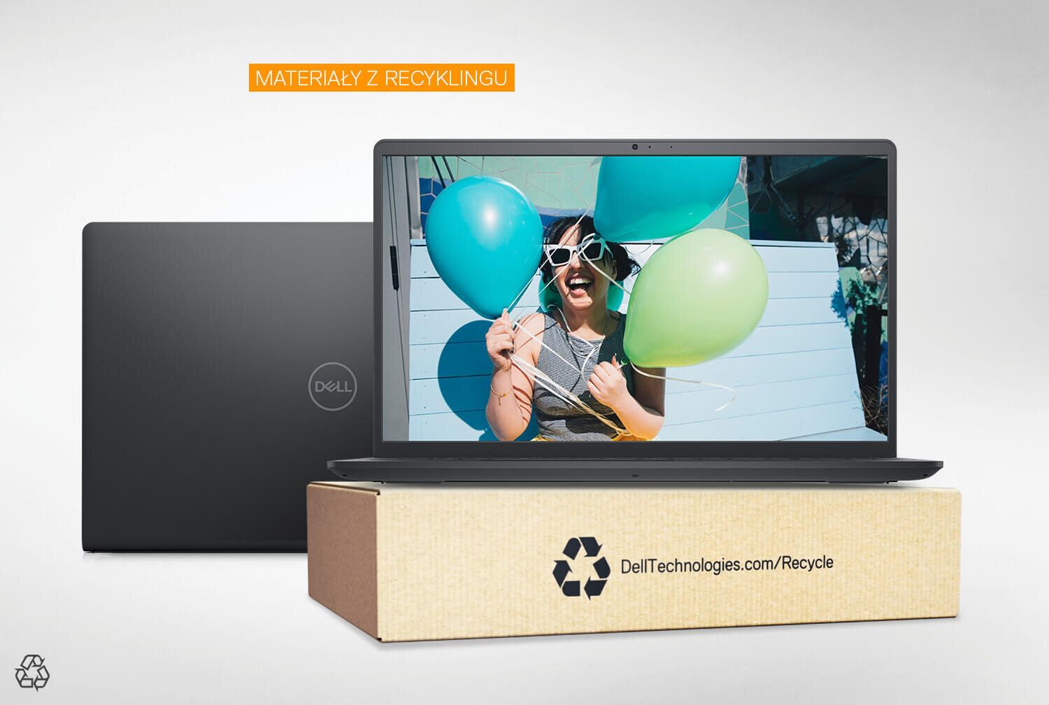 Laptop DELL Inspiron 3525 z tęczowym tłem w żywych kolorach. - zastosowanie do obudowy materiałów z recyklingu 