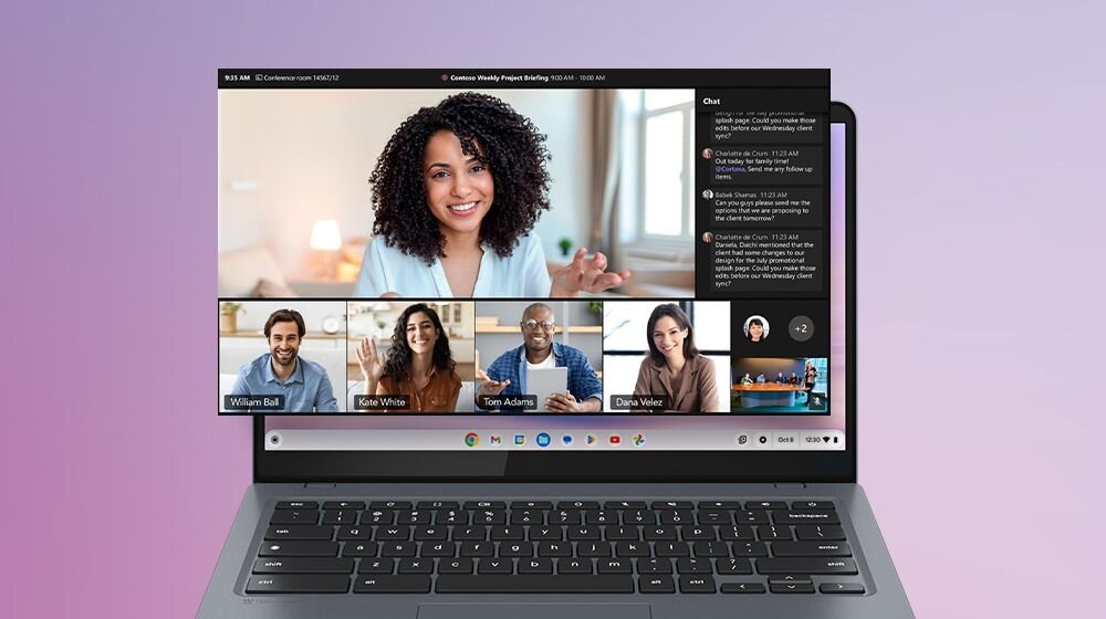 Laptop z ekranem wideo rozmowy, pokazujący uczestników spotkania online. - Funkcje Google AI