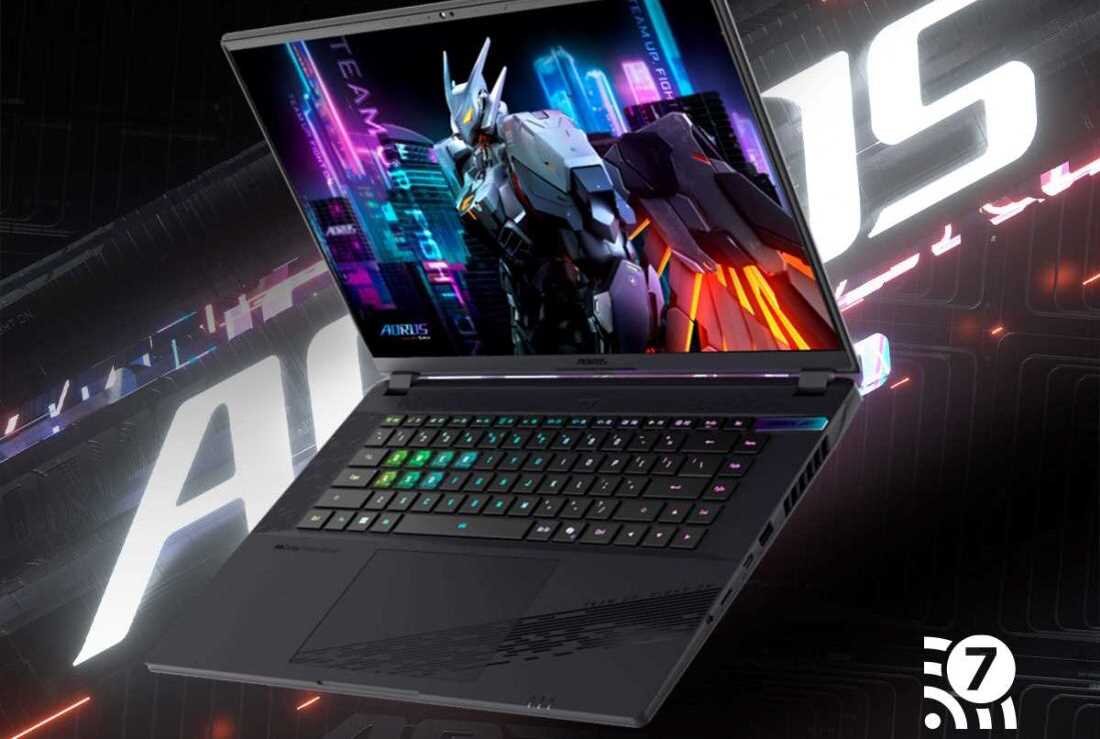 Laptop gamingowy GIGABYTE Aorus 16X, czarny z podświetleniem RGB, umieszczony na kolorowym tle Aorus. - technologia Wi-Fi 7