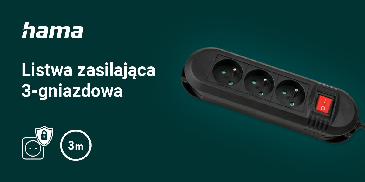 Listwa HAMA Comfort P2223754 3GN (3m) Czarny
wygodne zasilanie urządzeń, zielone tło, produkt, logo producenta, biały napis listwa zasilająca 3-gniazdowa