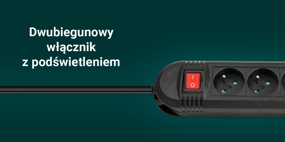 Listwa HAMA Comfort P2223754 3GN (3m) Czarny
zasilanie pod kontrolą, podświetlany dwubiegunowy włącznik, zielone tło, produkt, biały napis dwubiegunowy włącznik z podświetleniem
