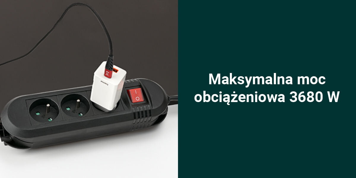 Listwa HAMA Comfort P2223754 3GN (3m) Czarny
wysoka moc, maksymalne obciążenie 3680 W, możliwość zasilania urządzeń o większym poborze mocy,
produkt z podłączoną ładowarką, zielone tło, biały napis Maksymalna moc obciążeniowa 3680 W