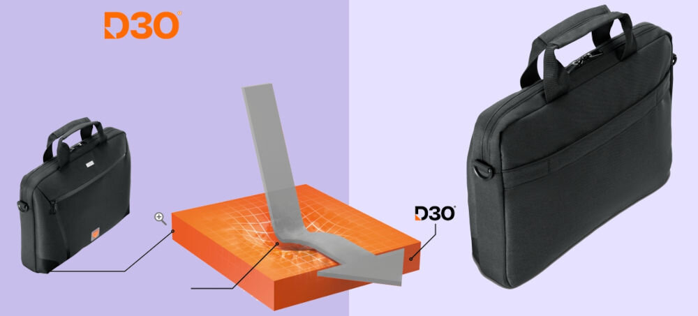 Torba na laptopa HAMA Extreme Protect D3O 13.3 - 14.1 cala Czarny prezentacja torby od przodu i pod kątem na fioletowym tle pokazanie działania ramy ochronnej z licencją D3O® tłumi uderzenia i wstrząsy spełnia standardy bezpieczeństwa