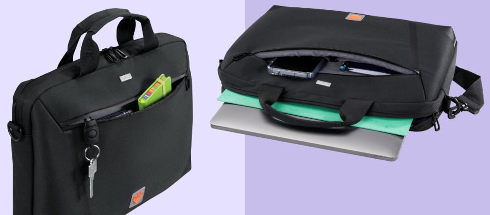 Torba na laptopa HAMA Extreme Protect D3O 13.3 - 14.1 cala Czarny prezentacja kieszeni zewnętrznej i wewnętrznej torby na fioletowym tle przemyślana organizacja pojemna kieszeń z organizerem komora główna z osobną kieszenią na suwak porządek wygodny dostęp